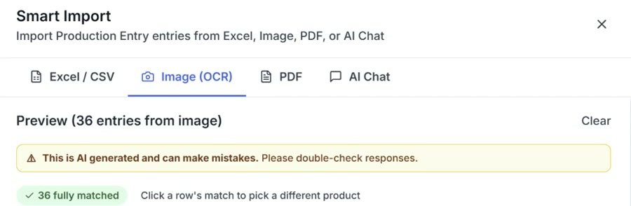 Arthace Smart Import: Preview (36 entries from image), an AI double-check notice, and a 36 fully matched chip