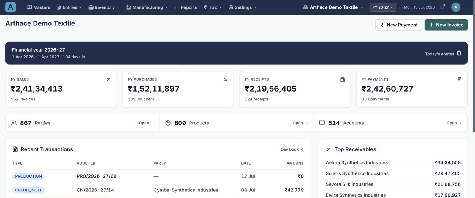 The Arthace app showing the year to date figures, recent transactions and top receivables